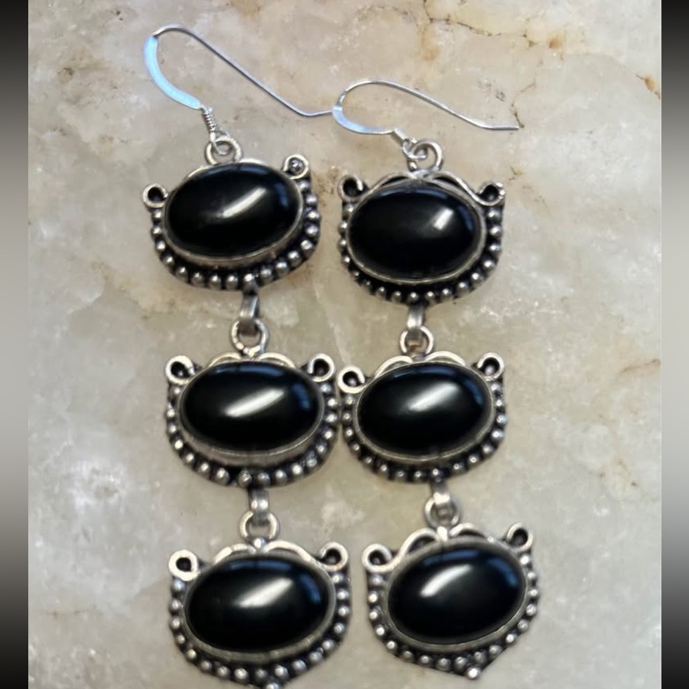 Long Black Onyx & Sterling Silver Dangle French Hook Earrings